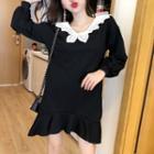 Lace Long-sleeve Loose-fit Dress Black - One Size