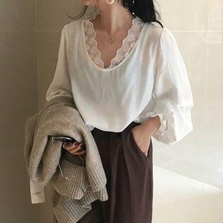 Lace Trim Lantern-sleeve Blouse White - One Size