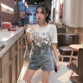 Mock Two-piece Sequined Short-sleeve T-shirt / High-waist Wide-leg Denim Shorts