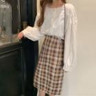 Long-sleeve Plain Blouse / Midi A-line Plaid Skirt