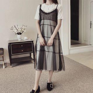 Set: Short-sleeve Dress + Spaghetti-strap Mesh Dress