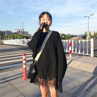 Mock Two-piece Lace Panel Long-sleeve Sweatshirt