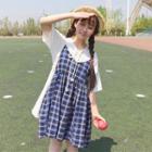 Lace Up Front Elbow Sleeve T-shirt / Plaid Pinafore Dress