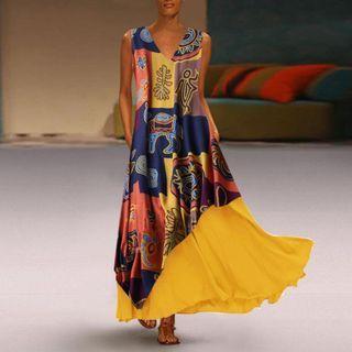 Sleeveless Patterned Maxi Smock Dress