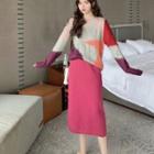 Color-block Knit Sweater / High-waist Plain Skirt