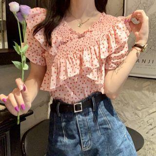 Short-sleeve V-neck Ruffled Trim Dotted Blouse Pink - One Size