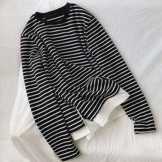 Long-sleeve Mock Two-piece Striped T-shirt Stripes - Black & White - One Size
