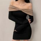 Off-shoulder Two-tone Bow Mini Bodycon Dress