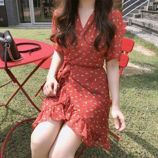 Tie-waist Ruffle Hem Floral Mini A-line Dress