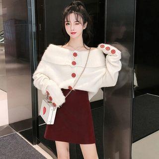 Long-sleeve Buttoned Knit Top / A-line Mini Skirt