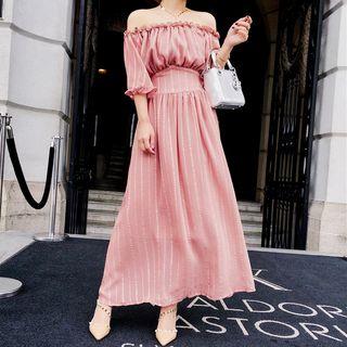 Striped Off Shoulder Elbow Sleeve Striped Maxi Dress