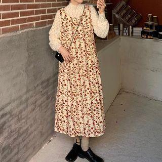 Mock-neck Lace Blouse / Sleeveless Floral Print Midi Dress
