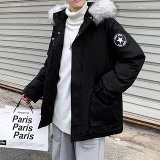 Long Sleeve Patch Plain Fluffy Hooded Jacket