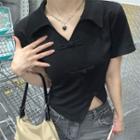 Asymmetrical Frog-button Cropped T-shirt