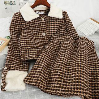 Set: Houndstooth Button Jacket + A-line Skirt