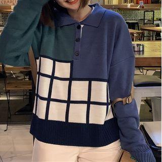 Polo-neck Plaid Sweater Blue & Bluish Green & White - One Size