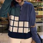 Polo-neck Plaid Sweater Blue & Bluish Green & White - One Size