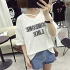 Lettering Embroidered V-neck Elbow-sleeve T-shirt
