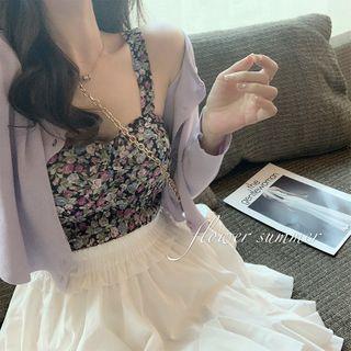 Floral Print Shirred Camisole Top / Cropped Cardigan