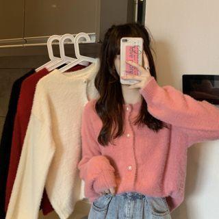 Long Sleeve Round Neck Plain Fluffy Cardigan