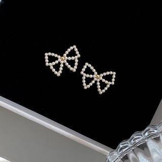 Bow Faux Pearl Sterling Silver Earring 1 Pair - Stud Earring - 925 Silver - White - One Size