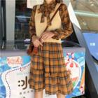 Plaid Long-sleeve A-line Dress / V-neck Knitted Vest