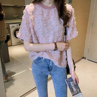 Elbow-sleeve Textured Crew Neck Chiffon Top