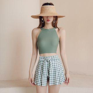Set: Sleeveless Tankini Top + Tie-waist Check Swim Skirt