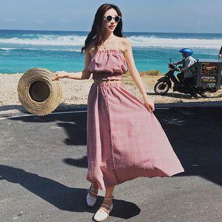 Set: Plaid Cropped Camisole Top + High Waist Plaid Midi A-line Skirt