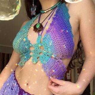Printed Crochet Lace Knit Crop Camisole Top