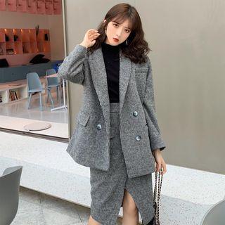Double-breasted Wool Jacket / High-waist Asymmetric Skirt