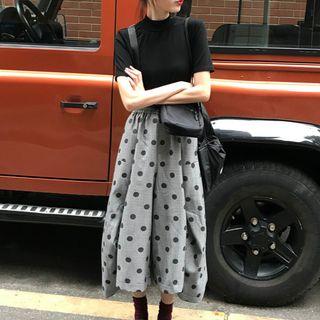 Short-sleeve Mock-turtleneck T-shirt / Polka Dot Skort