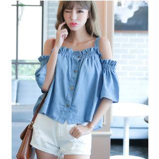 Frill Trim Cutout Shoulder Denim Top