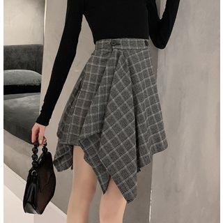 Plaid Irregular Hem A-line Skirt / Cold Shoulder Long-sleeve T-shirt