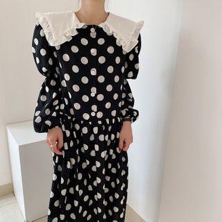 Puff-sleeve Dotted Midi Dress Black & White - One Size