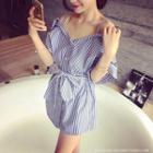 Open Shoulder Pinstripe Short-sleeve Blouse