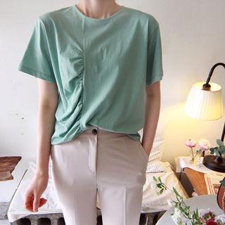 Round-neck Shirred-trim T-shirt