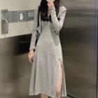 Spaghetti Strap Slit Midi A-line Dress / Hooded Jacket