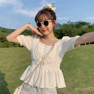 Short Sleeve Gathered-waist Lace-up Blouse White - One Size