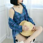 Petite Size Set: Plaid Loose-fit Shirt + Padded Camisole Top Blue - One Size