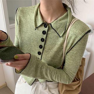 Long-sleeve Contrast Trim Collared Cropped T-shirt
