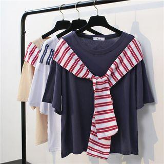 Elbow-sleeve Striped Tie-front Top