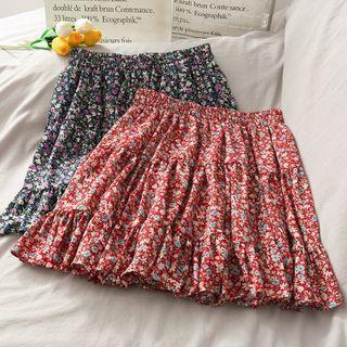 Elastic-waist Floral Mini Skirt