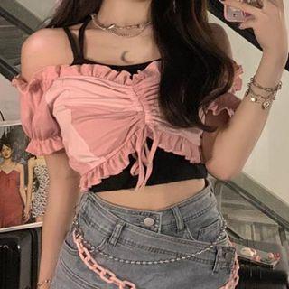 Halter-neck Camisole Top / Off-shoulder Drawstring Ruffled Blouse