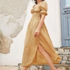 Floral-print Square Neck Short-sleeve Slit Midi A-line Dress