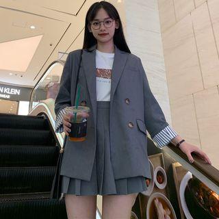 Plain Double-breasted Blazer / High-waist Mini Pleated Skirt