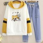 Dog Embroidered Hoodie / Cat Embroidered Tapered Jeans / Set