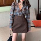Plaid V-neck Shirt / Mini Skirt