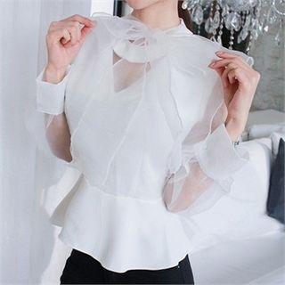 Tie-neck Zip-back Sheer Blouse