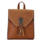 Set: Paneled Faux Leather Tasseled Backpack + Scallop Edge Crossbody Bag